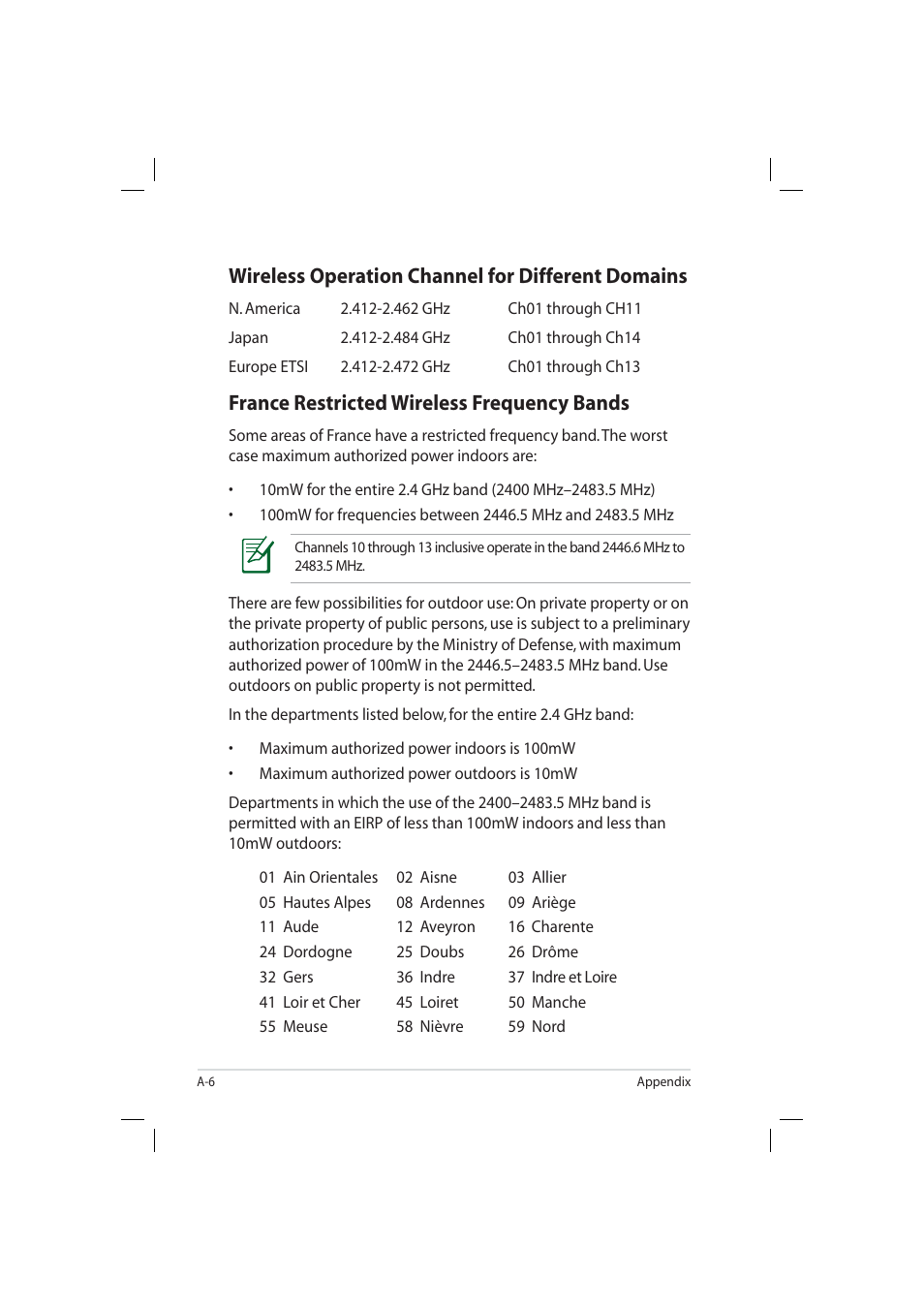 Wireless operation channel for different domains, France restricted wireless frequency bands | Asus Eee PC 904HD/XP User Manual | Page 74 / 82