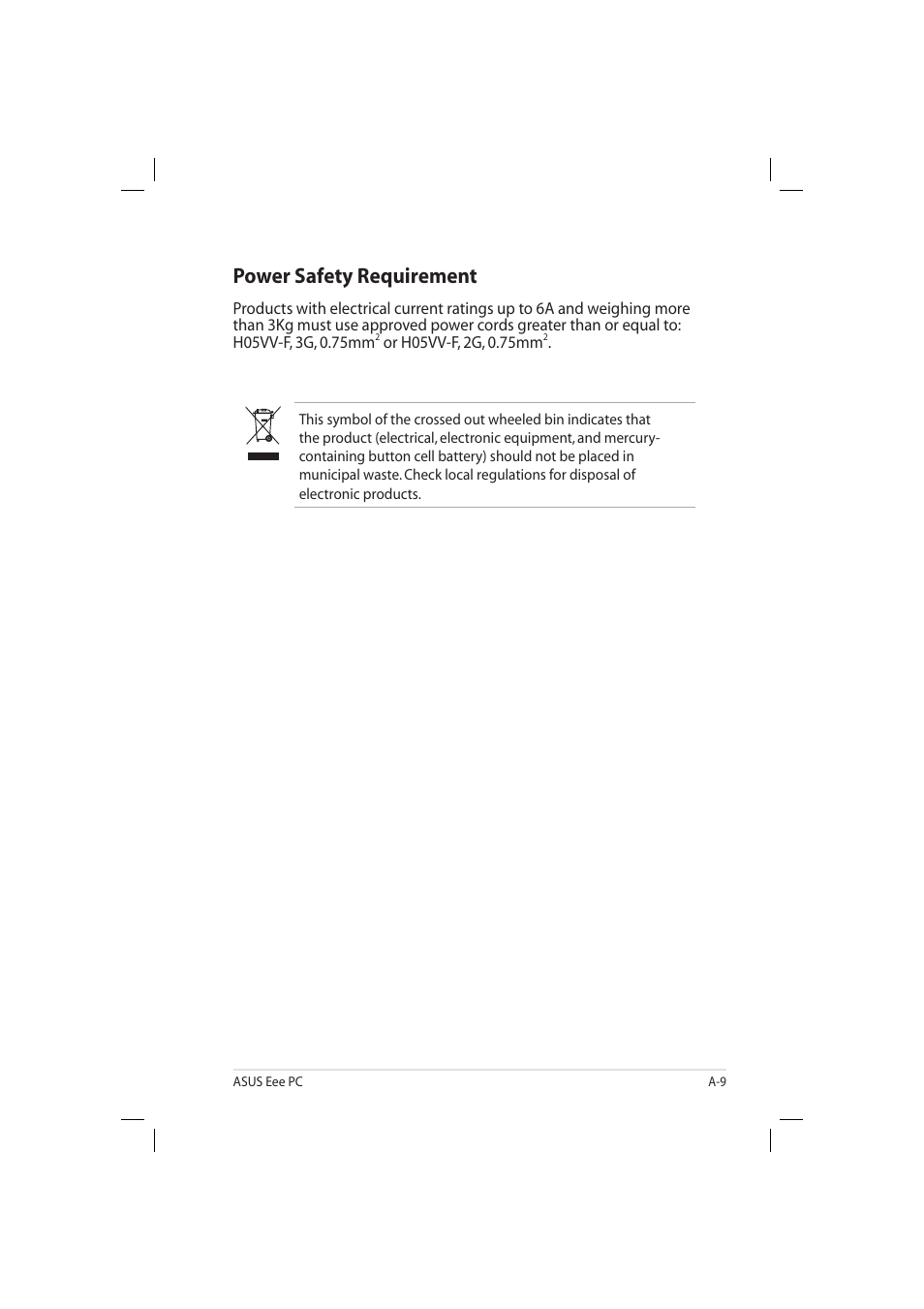 Power safety requirement | Asus Eee PC 904HD/XP User Manual | Page 77 / 82