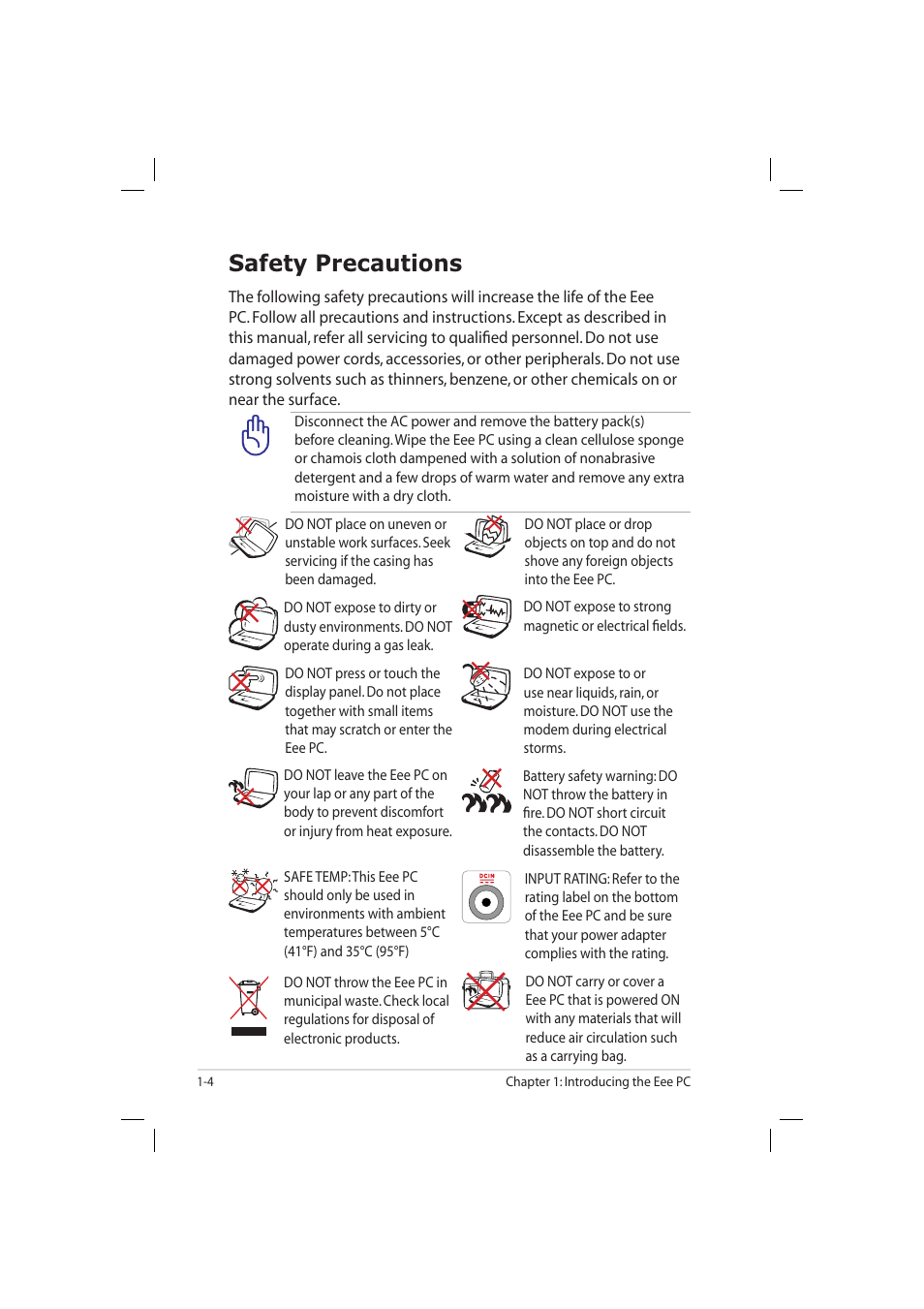 Safety precautions | Asus Eee PC 904HD/XP User Manual | Page 8 / 82