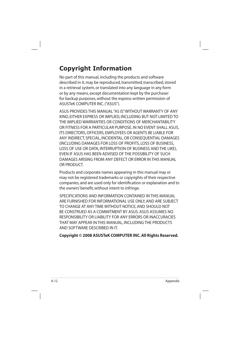 Copyright information | Asus Eee PC 904HD/XP User Manual | Page 80 / 82