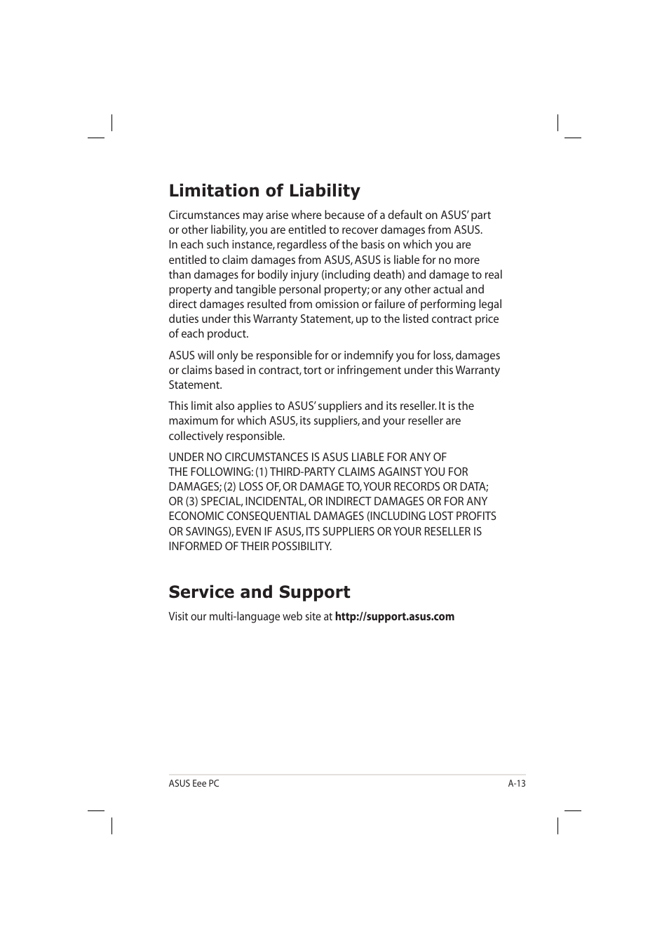 Limitation of liability, Service and support | Asus Eee PC 904HD/XP User Manual | Page 81 / 82