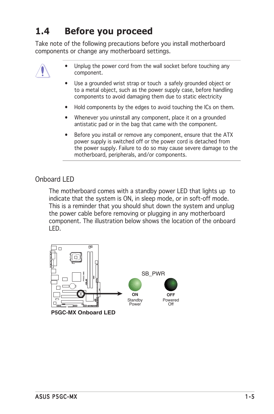 4 before you proceed, Onboard led | Asus P5GC-MX User Manual | Page 17 / 90