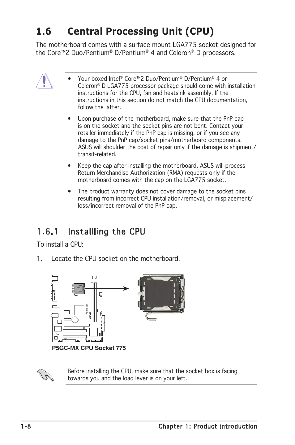 6 central processing unit (cpu), 1 installling the cpu | Asus P5GC-MX User Manual | Page 20 / 90