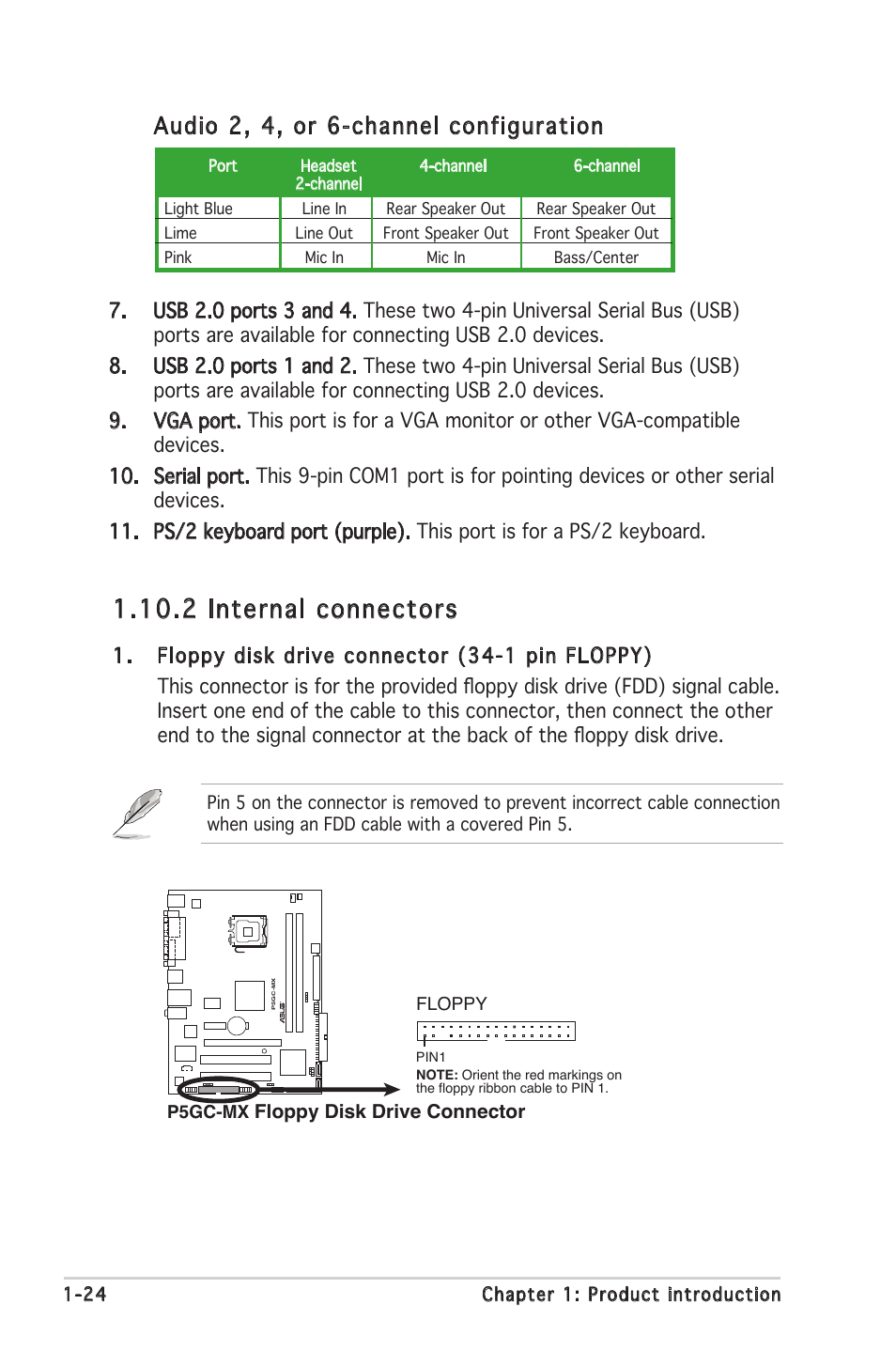 2 internal connectors, Audio 2, 4, or 6-channel configuration | Asus P5GC-MX User Manual | Page 36 / 90