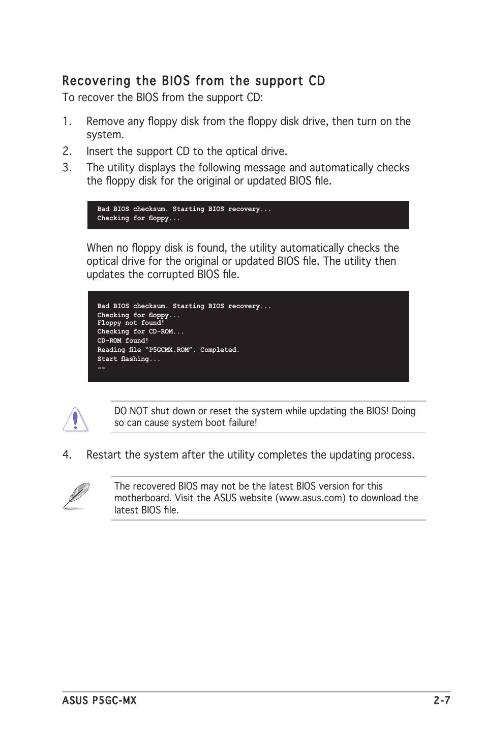 Recovering the bios from the support cd | Asus P5GC-MX User Manual | Page 51 / 90