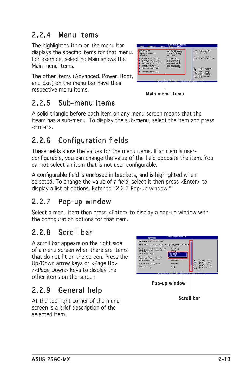 4 menu items, 5 sub-menu items, 6 configuration fields | 7 pop-up window, 8 scroll bar, 9 general help, Asus p5gc-mx 2-13 | Asus P5GC-MX User Manual | Page 57 / 90