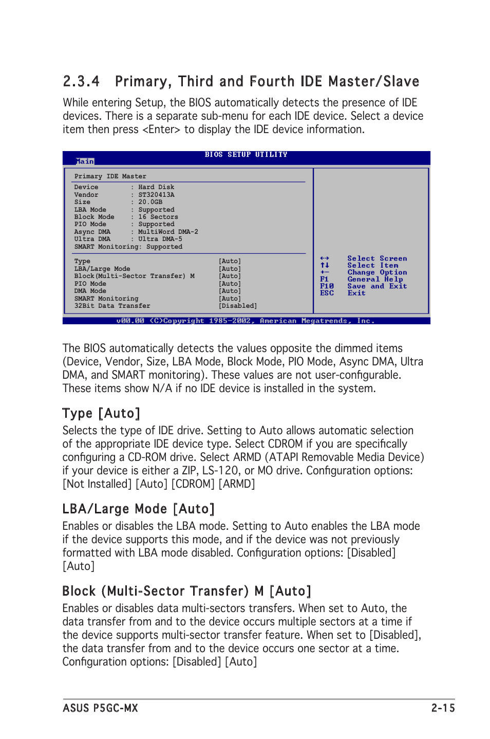 4 primary, third and fourth ide master/slave, Type [auto, Lba/large mode [auto | Block (multi-sector transfer) m [auto | Asus P5GC-MX User Manual | Page 59 / 90