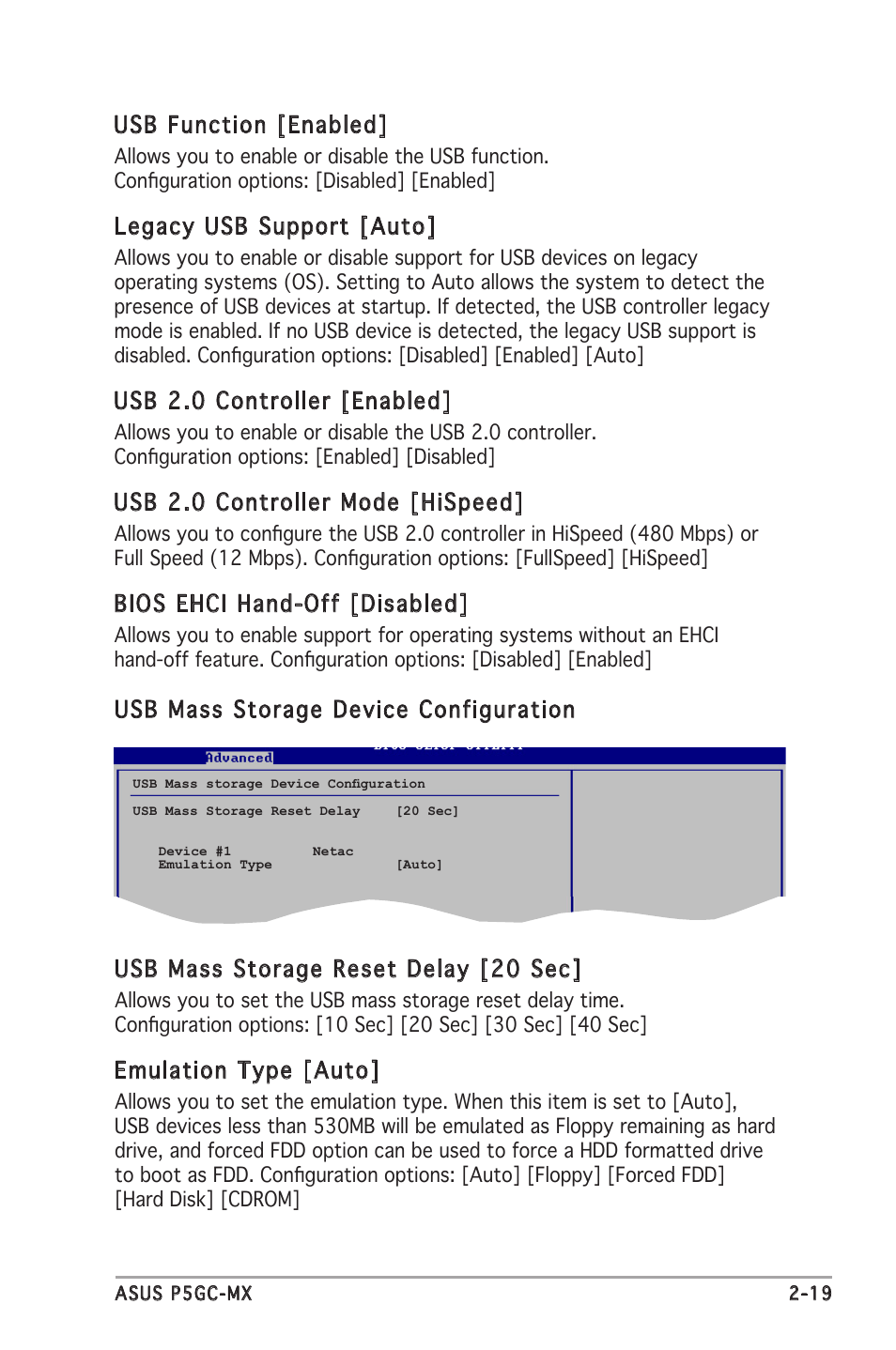Usb function [enabled, Legacy usb support [auto, Usb 2.0 controller [enabled | Usb 2.0 controller mode [hispeed, Bios ehci hand-off [disabled, Emulation type [auto | Asus P5GC-MX User Manual | Page 63 / 90