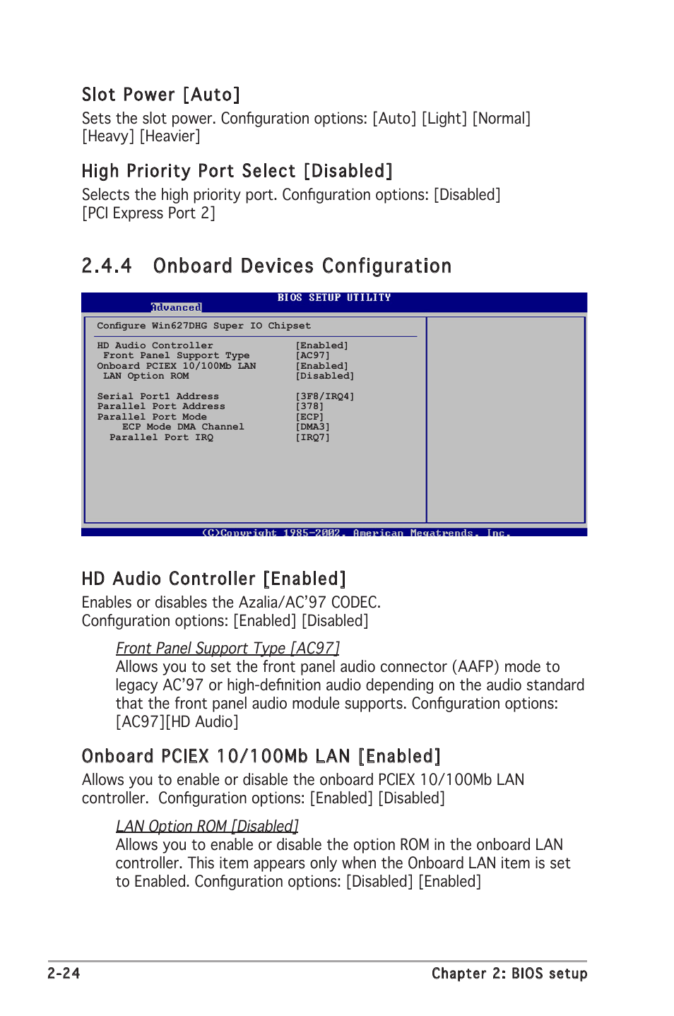 4 onboard devices configuration, Slot power [auto, High priority port select [disabled | Hd audio controller [enabled | Asus P5GC-MX User Manual | Page 68 / 90