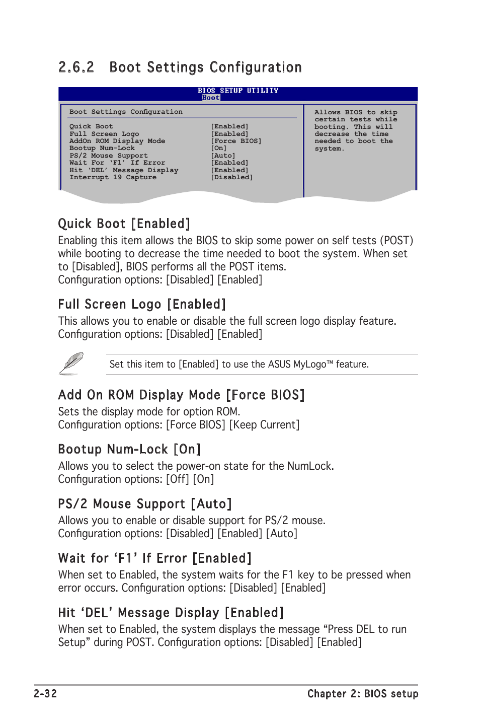 2 boot settings configuration, Quick boot [enabled, Full screen logo [enabled | Add on rom display mode [force bios, Bootup num-lock [on, Ps/2 mouse support [auto, Wait for ‘f1’ if error [enabled, Hit ‘del’ message display [enabled | Asus P5GC-MX User Manual | Page 76 / 90