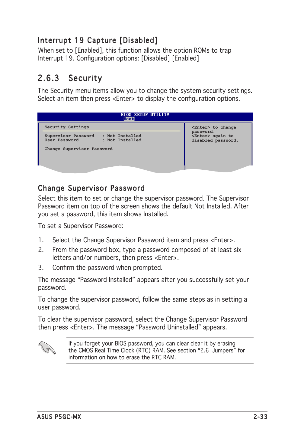 3 security, Interrupt 19 capture [disabled, Change supervisor password | Asus P5GC-MX User Manual | Page 77 / 90