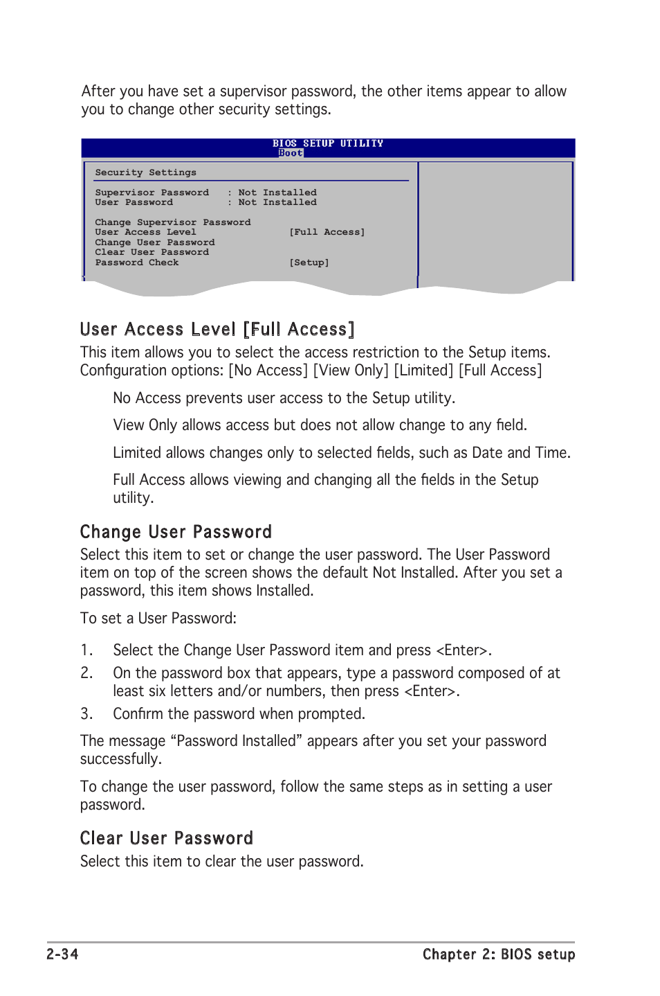 User access level [full access, Change user password, Clear user password | Asus P5GC-MX User Manual | Page 78 / 90