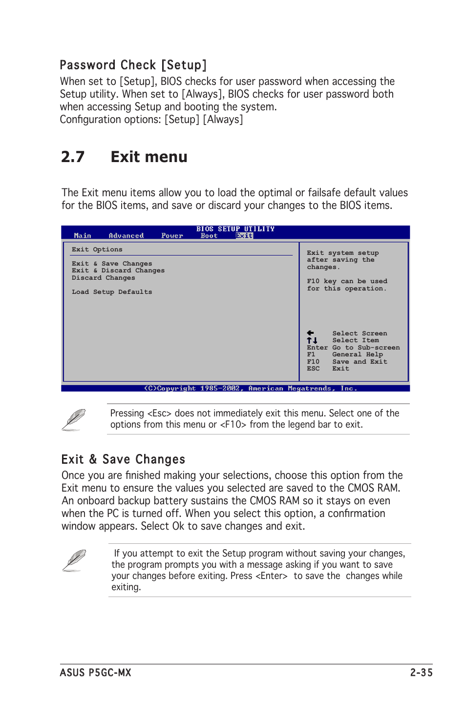 7 exit menu, Exit & save changes, Password check [setup | Asus P5GC-MX User Manual | Page 79 / 90