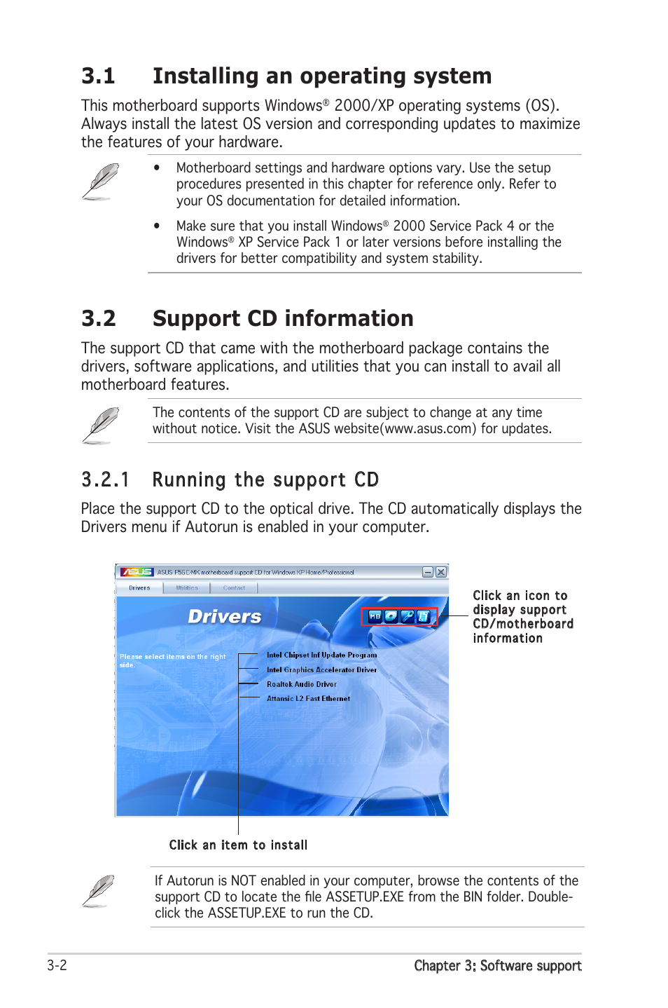 1 installing an operating system, 2 support cd information, 1 running the support cd | Asus P5GC-MX User Manual | Page 82 / 90