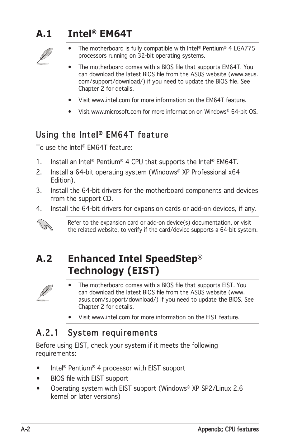 A.1 intel, Em64t, A.2 enhanced intel speedstep | Technology (eist), Using the intel, Em64t feature, A.2.1 system requirements | Asus P5GC-MX User Manual | Page 88 / 90