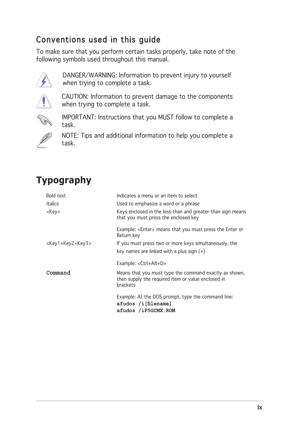 Typography, Conventions used in this guide | Asus P5GC-MX User Manual | Page 9 / 90