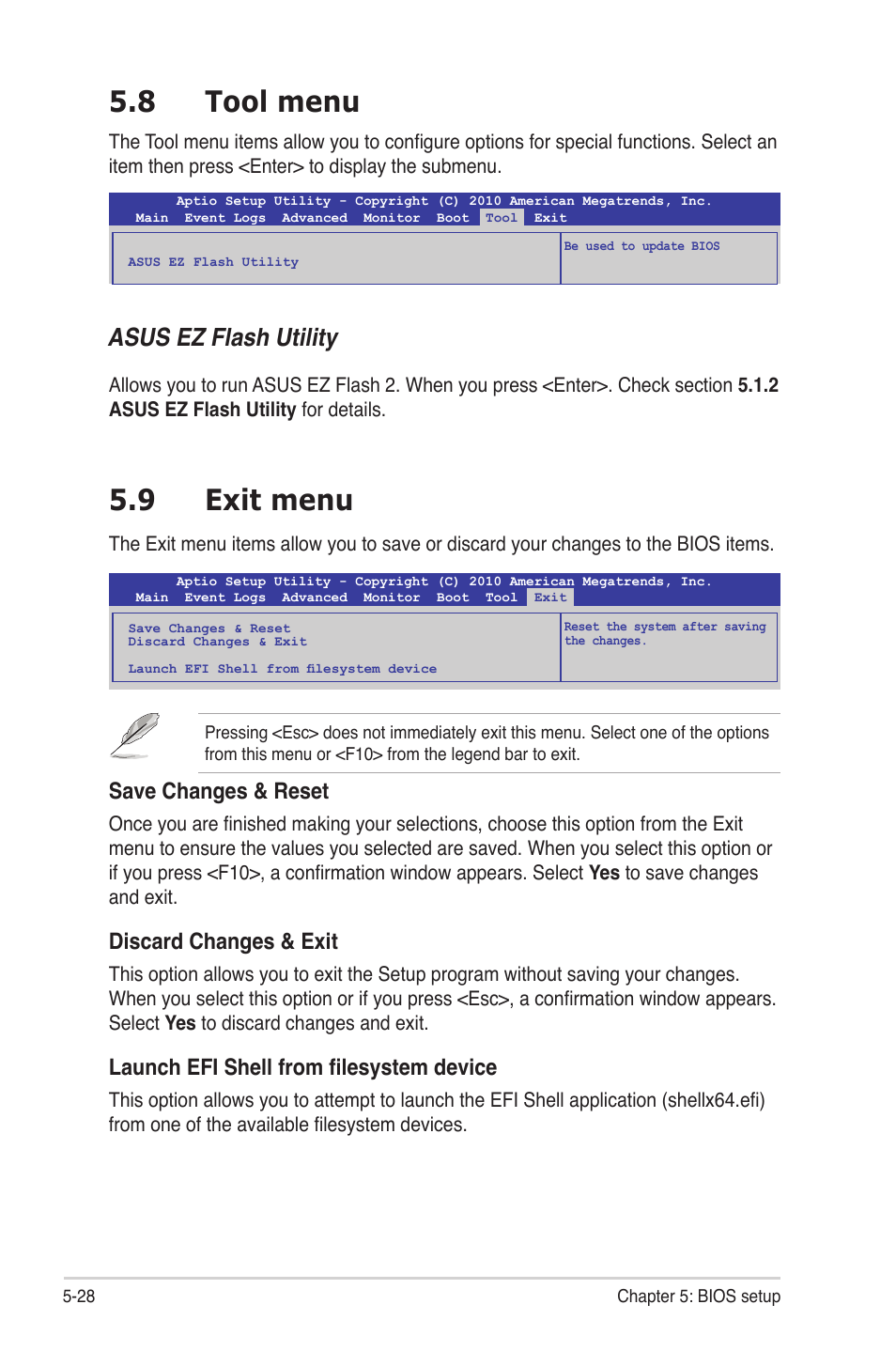 8 tool menu, 9 exit menu, Tool menu -28 | Exit menu -28, Asus ez flash utility, Save changes & reset, Discard changes & exit, Launch efi shell from filesystem device | Asus TS300-E7/PS4 User Manual | Page 100 / 160