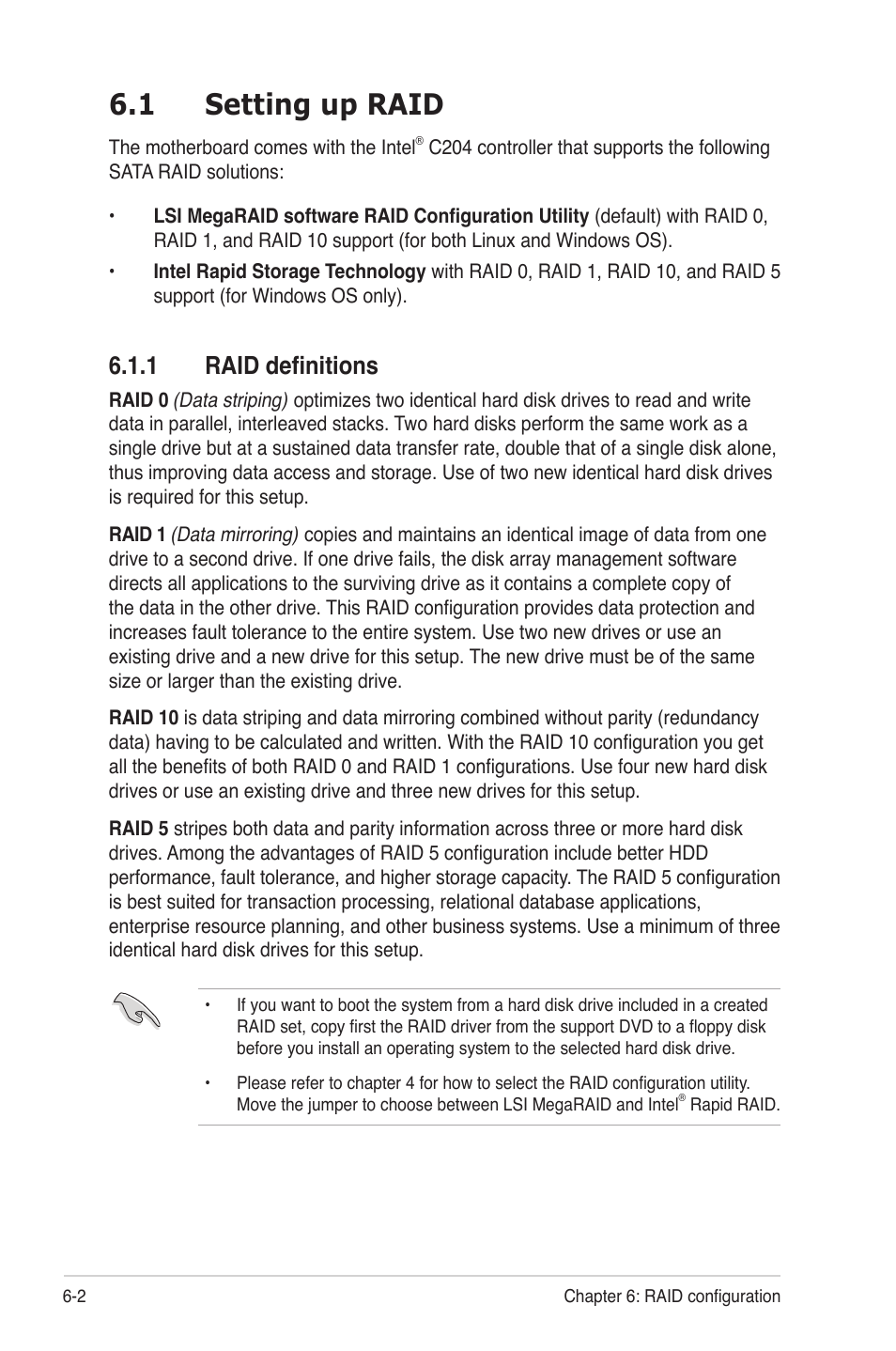 1 setting up raid, 1 raid definitions, Setting up raid -2 6.1.1 | Raid definitions -2 | Asus TS300-E7/PS4 User Manual | Page 102 / 160