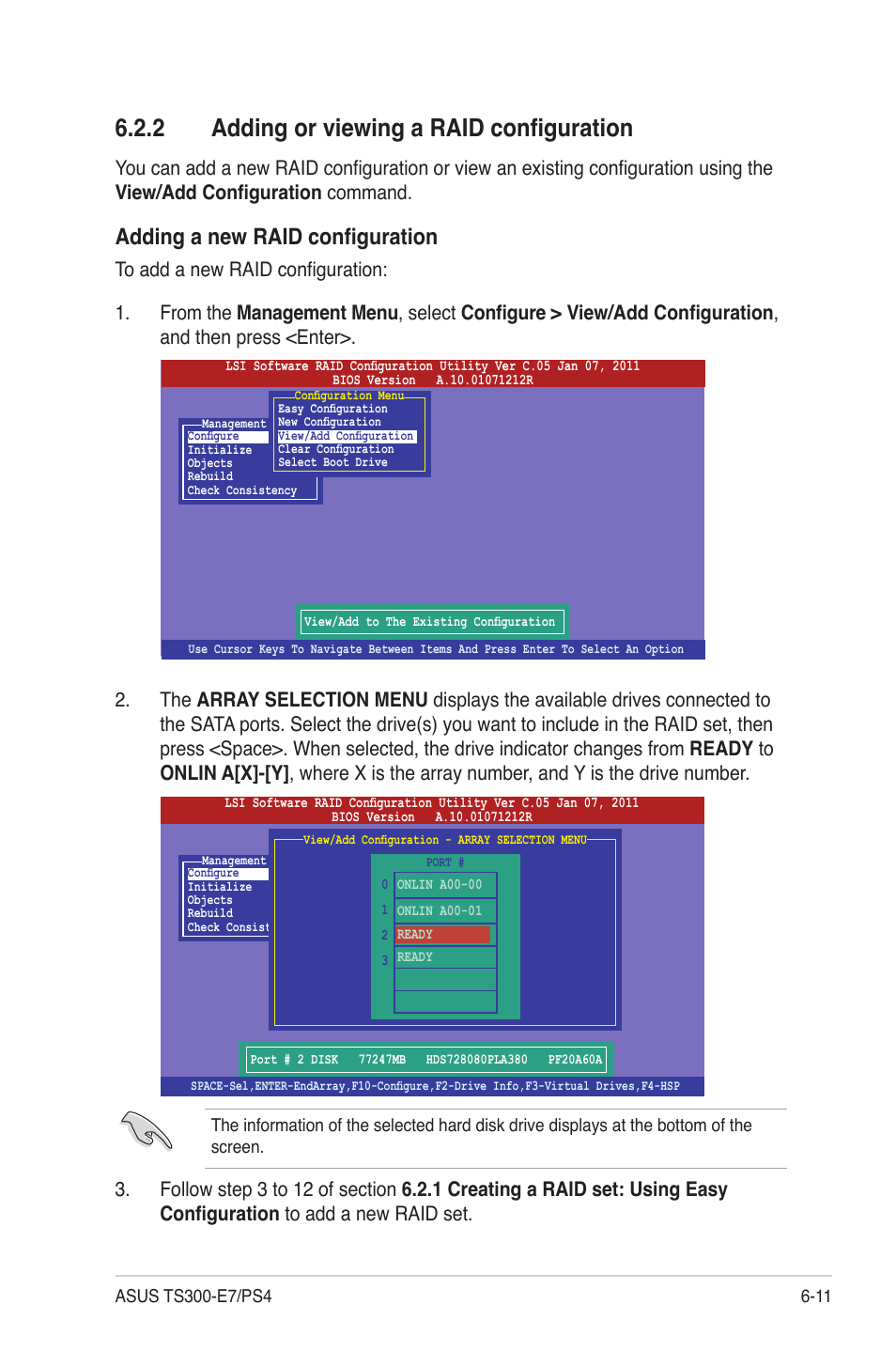 2 adding or viewing a raid configuration, Adding or viewing a raid configuration -11, Adding a new raid configuration | Asus TS300-E7/PS4 User Manual | Page 111 / 160