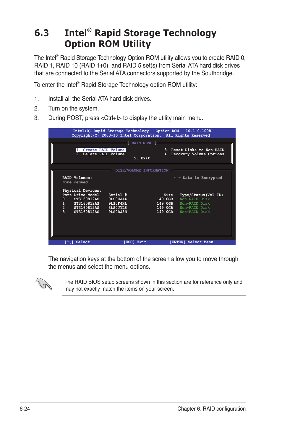 Intel, Rapid storage technology option rom utility -24, 3 intel | Rapid storage technology option rom utility, The intel | Asus TS300-E7/PS4 User Manual | Page 124 / 160