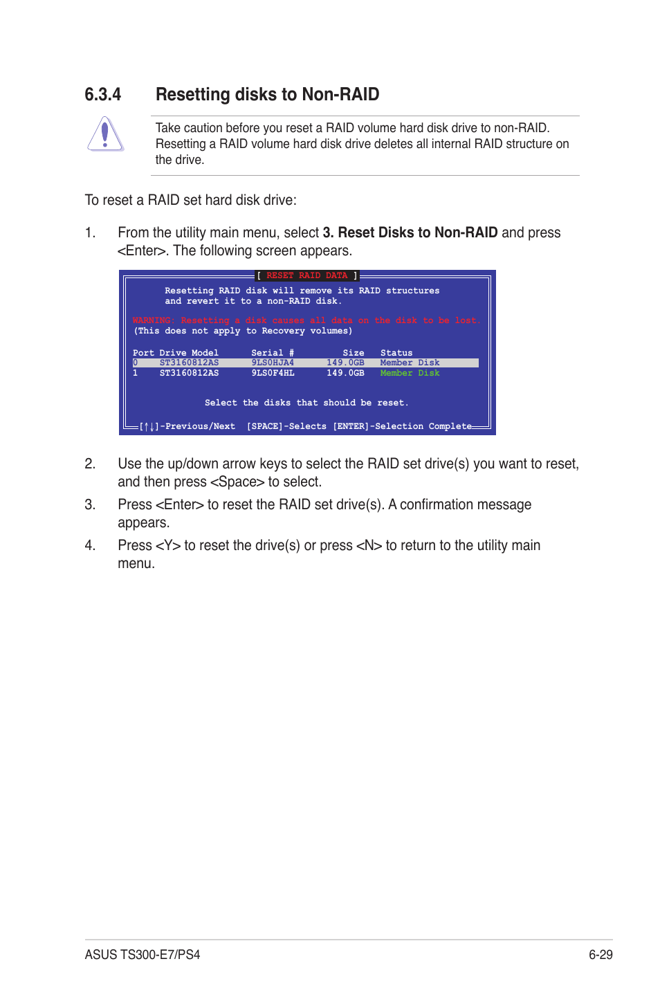 4 resetting disks to non-raid, Resetting disks to non-raid -29 | Asus TS300-E7/PS4 User Manual | Page 129 / 160