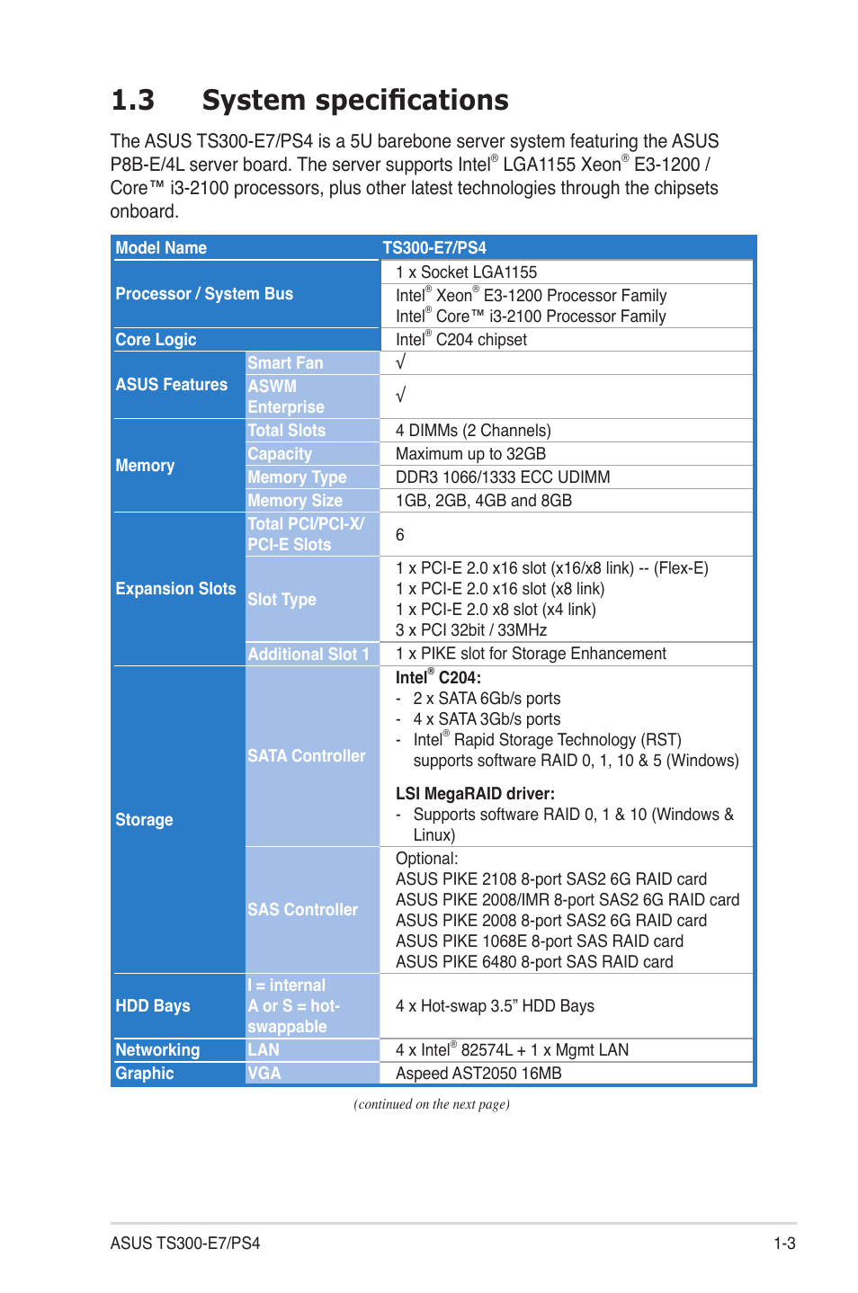 3 system specifications, System specifications -3 | Asus TS300-E7/PS4 User Manual | Page 13 / 160