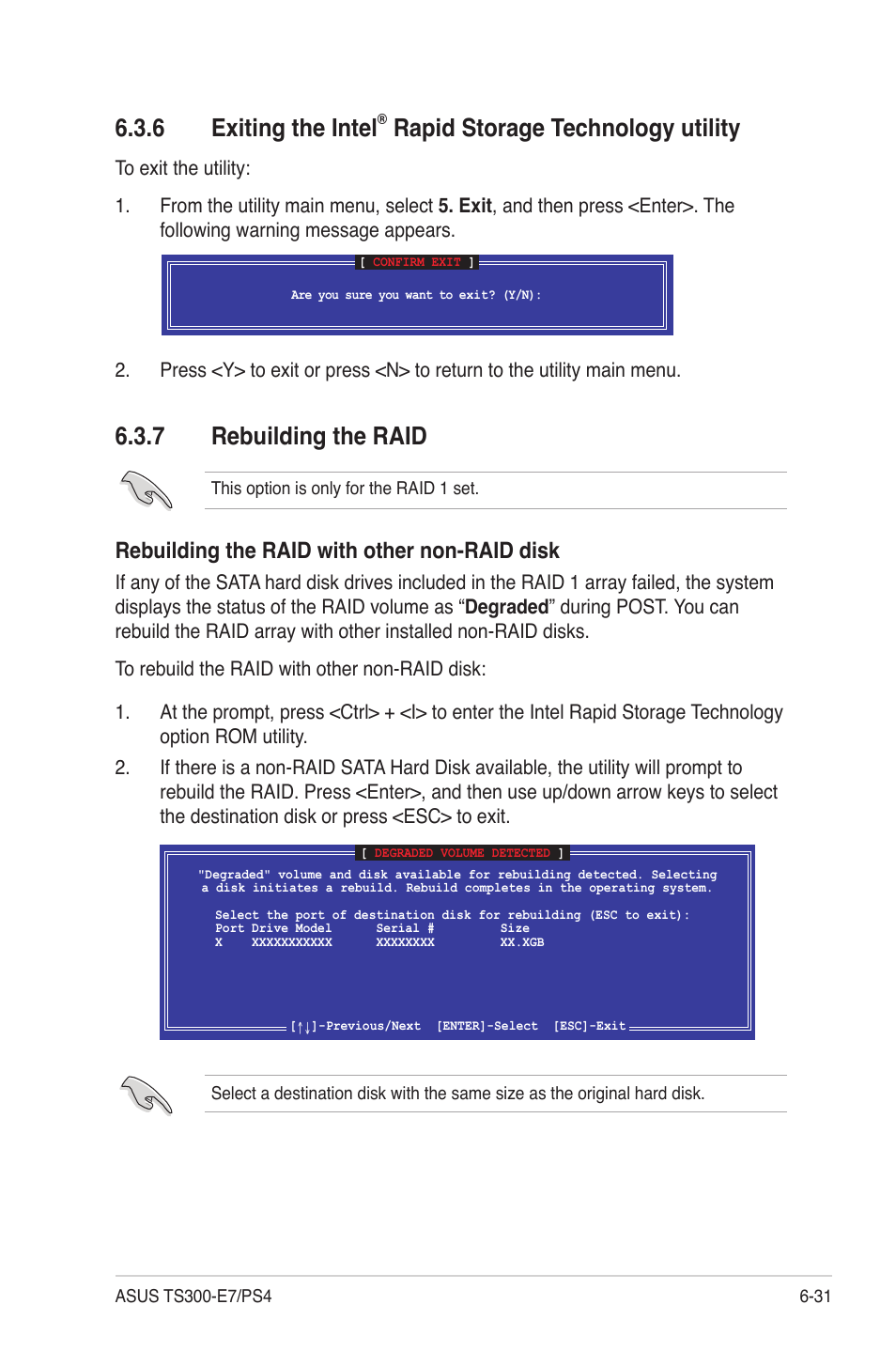 7 rebuilding the raid, Exiting the intel, Rapid storage technology utility -31 | Rebuilding the raid -31, 6 exiting the intel, Rapid storage technology utility, Rebuilding the raid with other non-raid disk | Asus TS300-E7/PS4 User Manual | Page 131 / 160