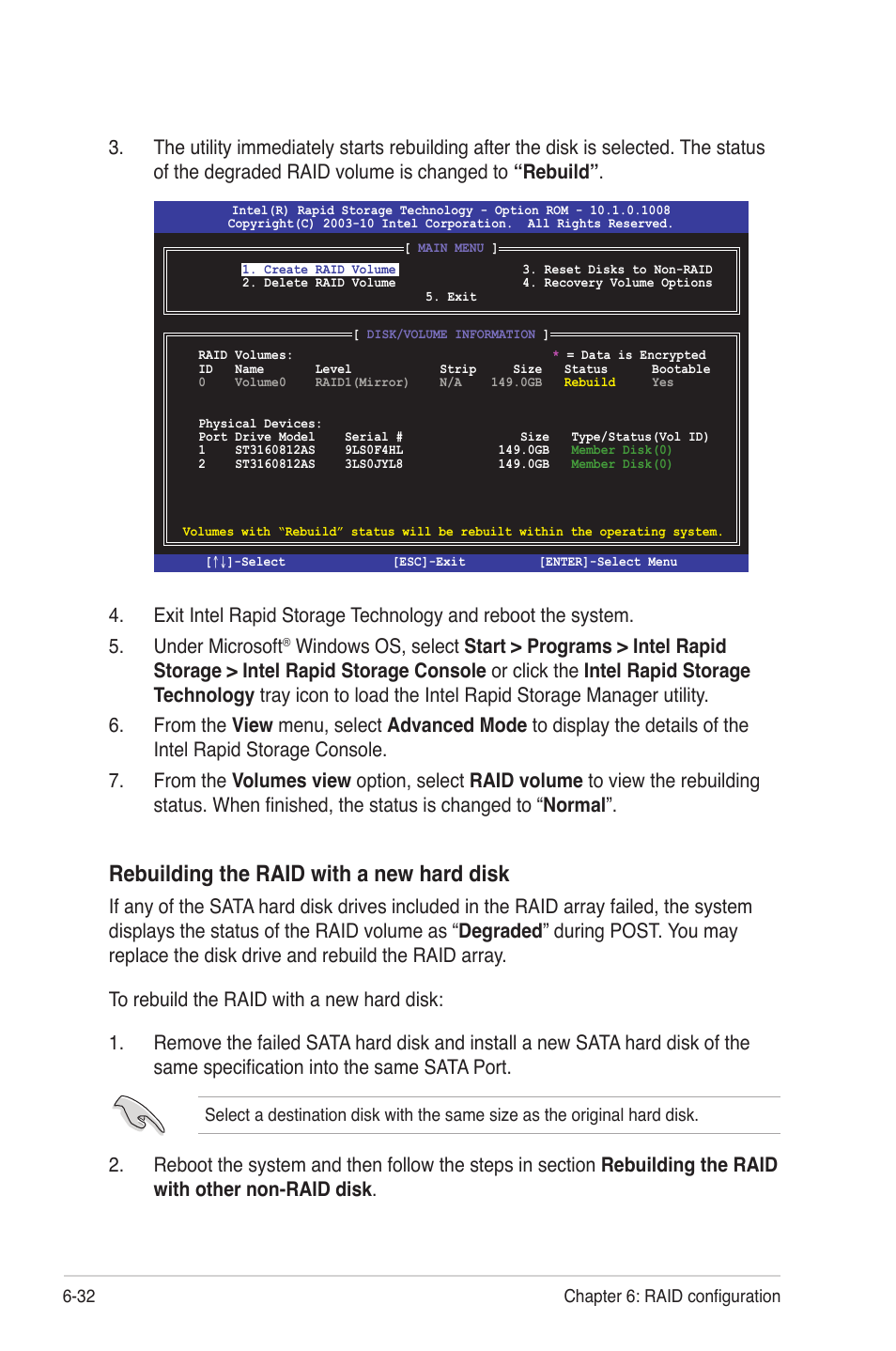 Rebuilding the raid with a new hard disk | Asus TS300-E7/PS4 User Manual | Page 132 / 160