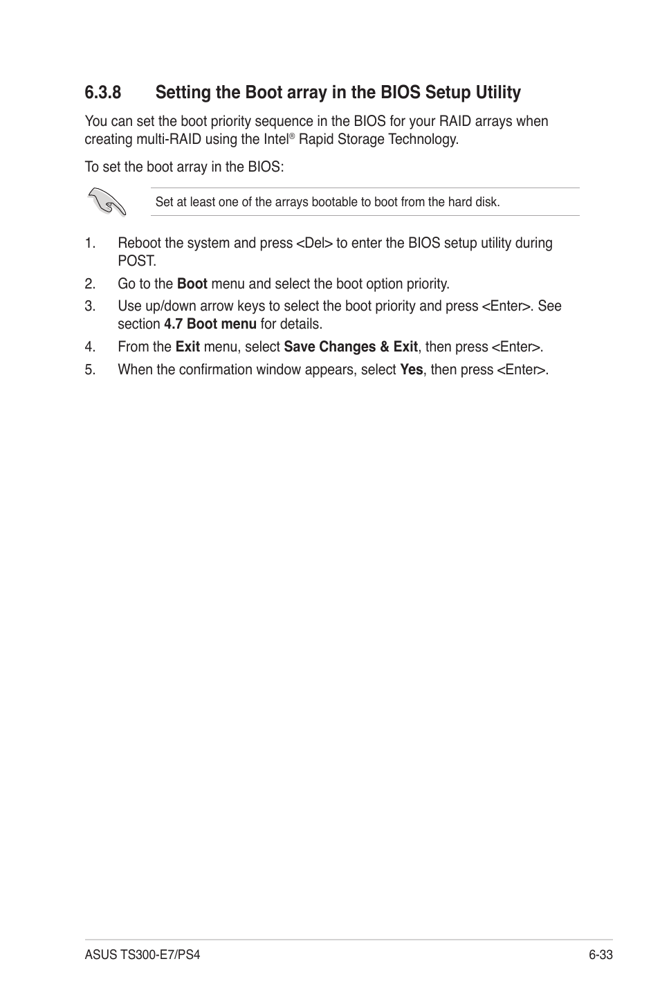 8 setting the boot array in the bios setup utility | Asus TS300-E7/PS4 User Manual | Page 133 / 160