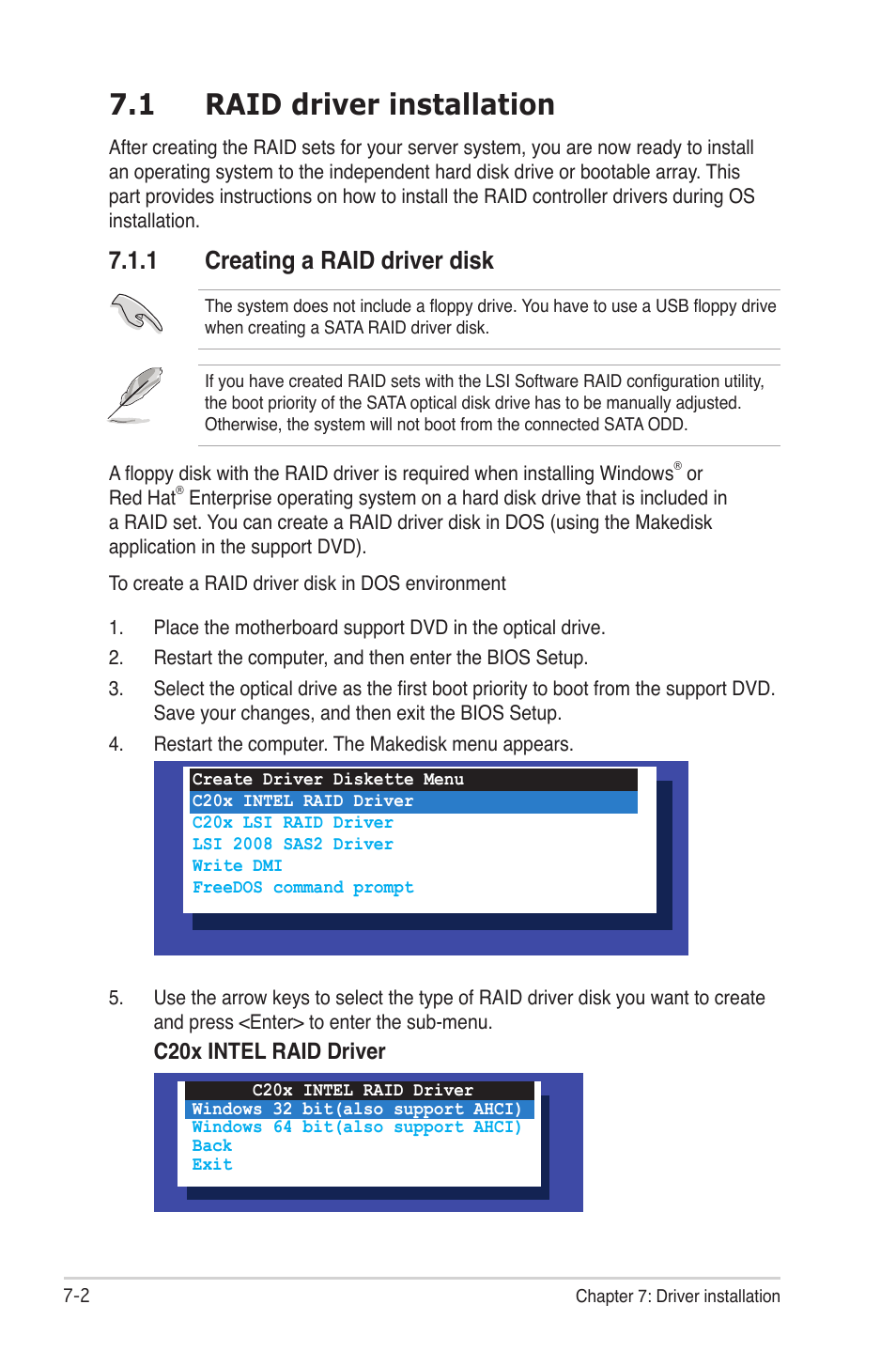 1 raid driver installation, 1 creating a raid driver disk, Raid driver installation -2 7.1.1 | Creating a raid driver disk -2, C20x intel raid driver | Asus TS300-E7/PS4 User Manual | Page 136 / 160