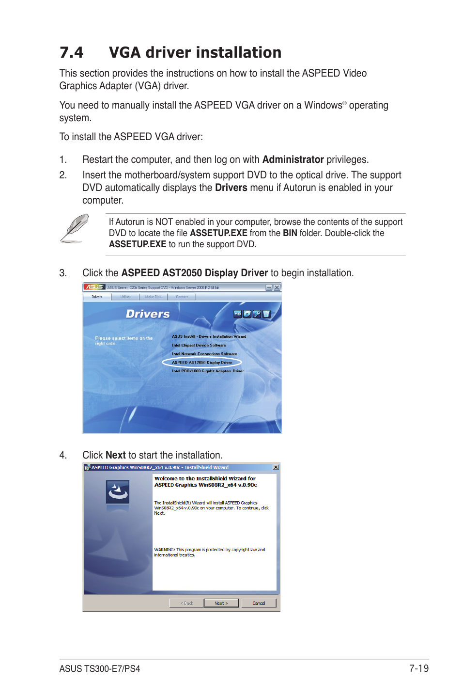 4 vga driver installation, Vga driver installation -19 | Asus TS300-E7/PS4 User Manual | Page 153 / 160