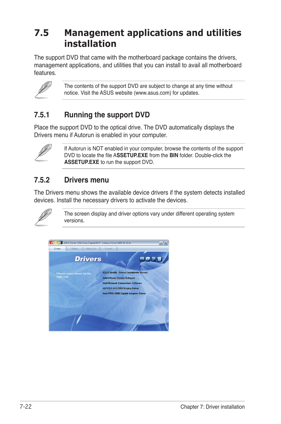 1 running the support dvd, 2 drivers menu, Running the support dvd -22 | Drivers menu -22 | Asus TS300-E7/PS4 User Manual | Page 156 / 160