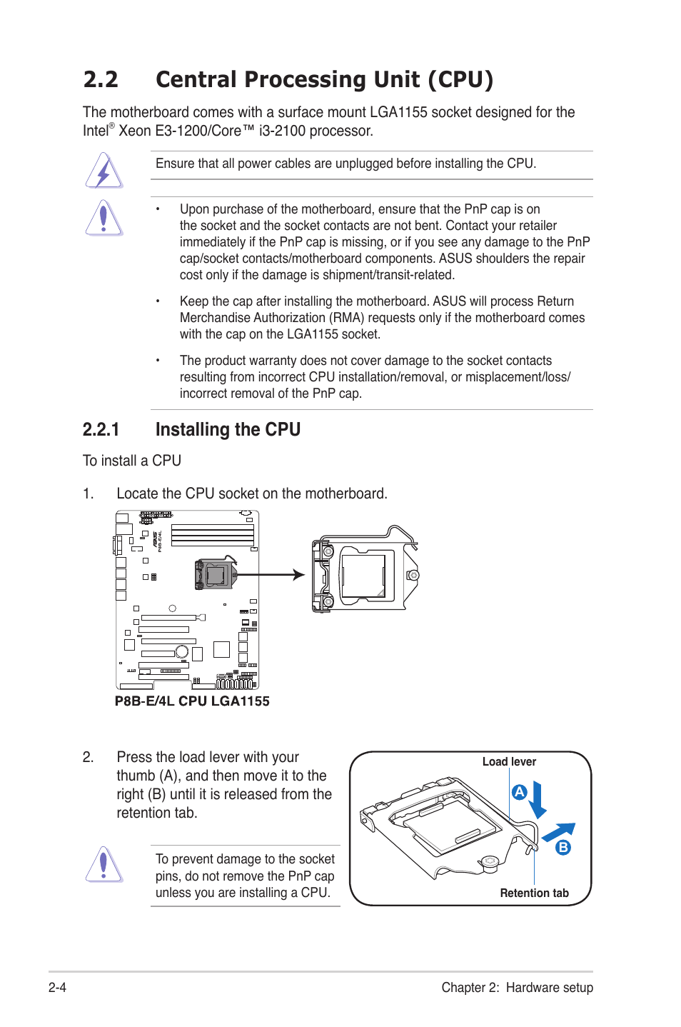 2 central processing unit (cpu), 1 installing the cpu, Central processing unit (cpu) -4 2.2.1 | Installing the cpu -4 | Asus TS300-E7/PS4 User Manual | Page 24 / 160