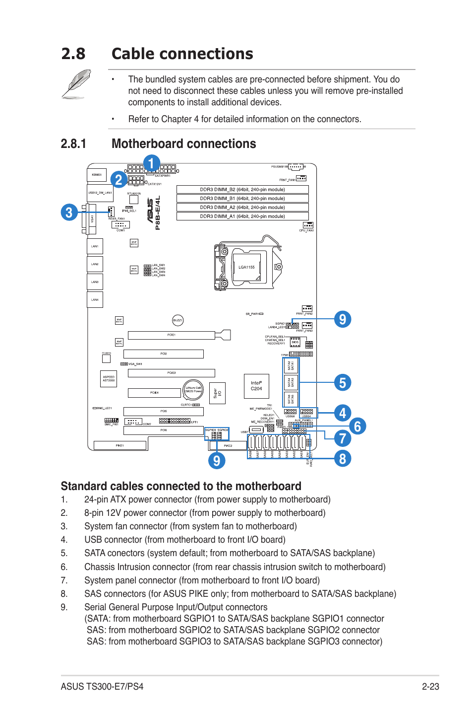 8 cable connections, 1 motherboard connections, Cable connections -23 2.8.1 | Motherboard connections -23 | Asus TS300-E7/PS4 User Manual | Page 43 / 160