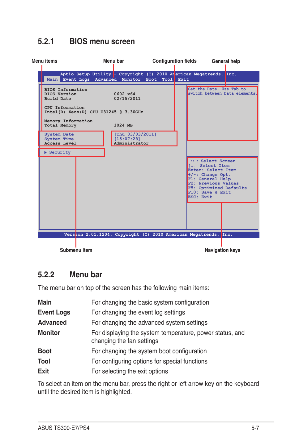 1 bios menu screen, 2 menu bar, Bios menu screen -7 | Menu bar -7 | Asus TS300-E7/PS4 User Manual | Page 79 / 160