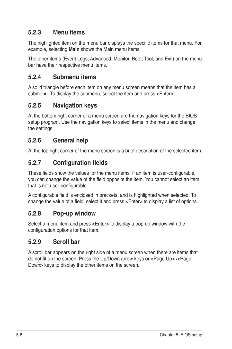 3 menu items, 4 submenu items, 5 navigation keys | 6 general help, 7 configuration fields, 8 pop-up window, 9 scroll bar, Menu items -8, Submenu items -8, Navigation keys -8 | Asus TS300-E7/PS4 User Manual | Page 80 / 160