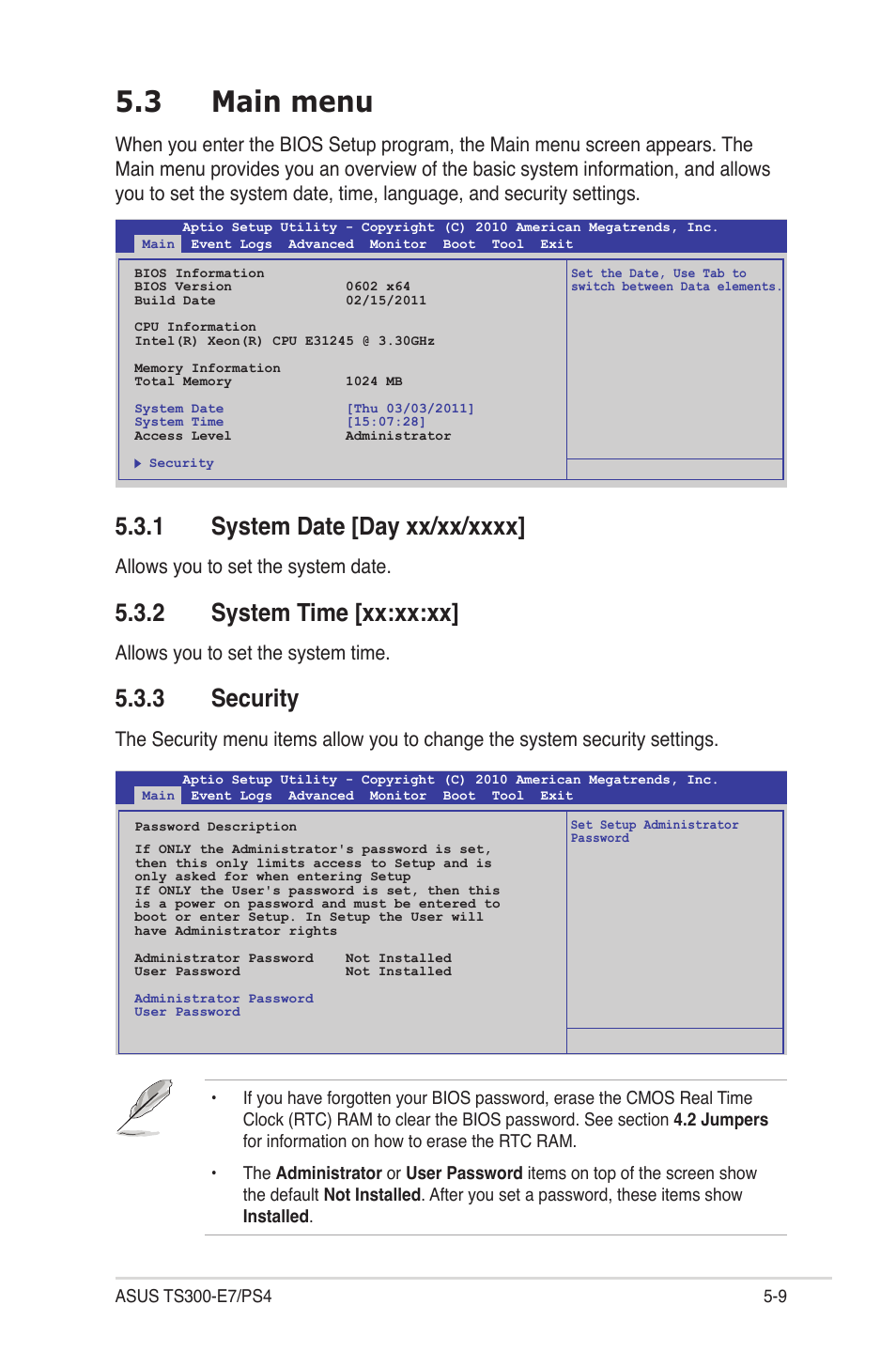 3 main menu, 1 system date [day xx/xx/xxxx, 2 system time [xx:xx:xx | 3 security, Main menu -9 5.3.1, System date -9, System time -9, Security -9, Allows you to set the system date, Allows you to set the system time | Asus TS300-E7/PS4 User Manual | Page 81 / 160