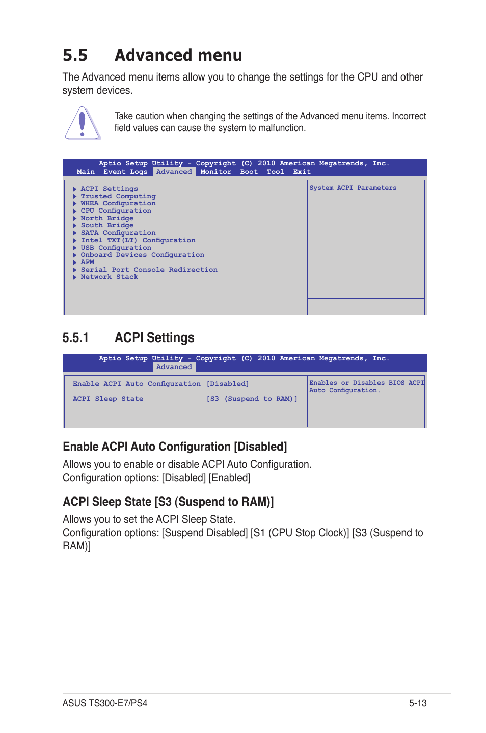5 advanced menu, 1 acpi settings, Advanced menu -13 5.5.1 | Acpi settings -13, Enable acpi auto configuration [disabled, Acpi sleep state [s3 (suspend to ram) | Asus TS300-E7/PS4 User Manual | Page 85 / 160