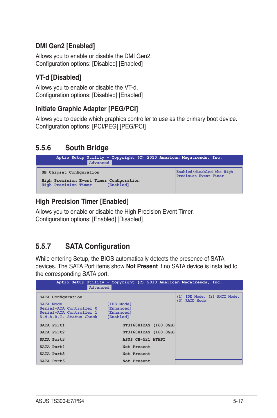 6 south bridge, 7 sata configuration, South bridge -17 | Sata configuration -17, Dmi gen2 [enabled, Vt-d [disabled, Initiate graphic adapter [peg/pci, High precision timer [enabled | Asus TS300-E7/PS4 User Manual | Page 89 / 160