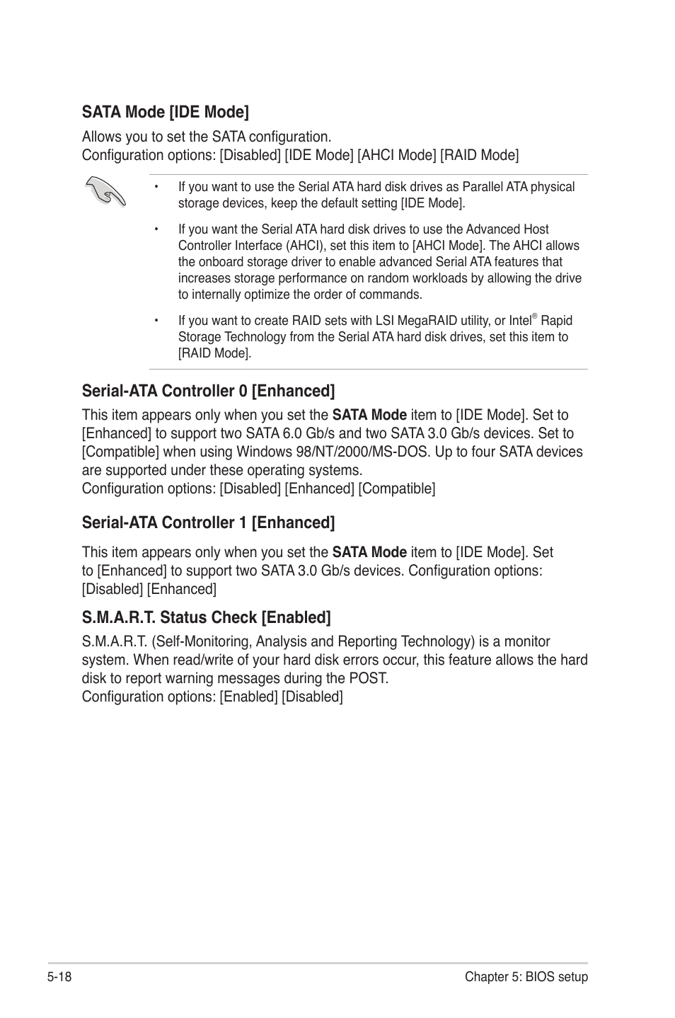 Sata mode [ide mode, Serial-ata controller 0 [enhanced, Serial-ata controller 1 [enhanced | S.m.a.r.t. status check [enabled | Asus TS300-E7/PS4 User Manual | Page 90 / 160