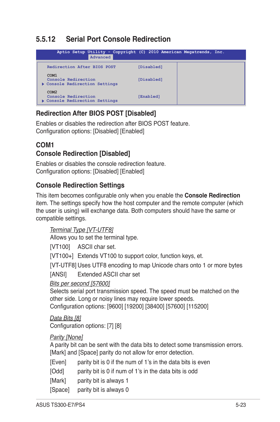 12 serial port console redirection, 12 serial port console redirection -23, Redirection after bios post [disabled | Com1 console redirection [disabled, Console redirection settings | Asus TS300-E7/PS4 User Manual | Page 95 / 160