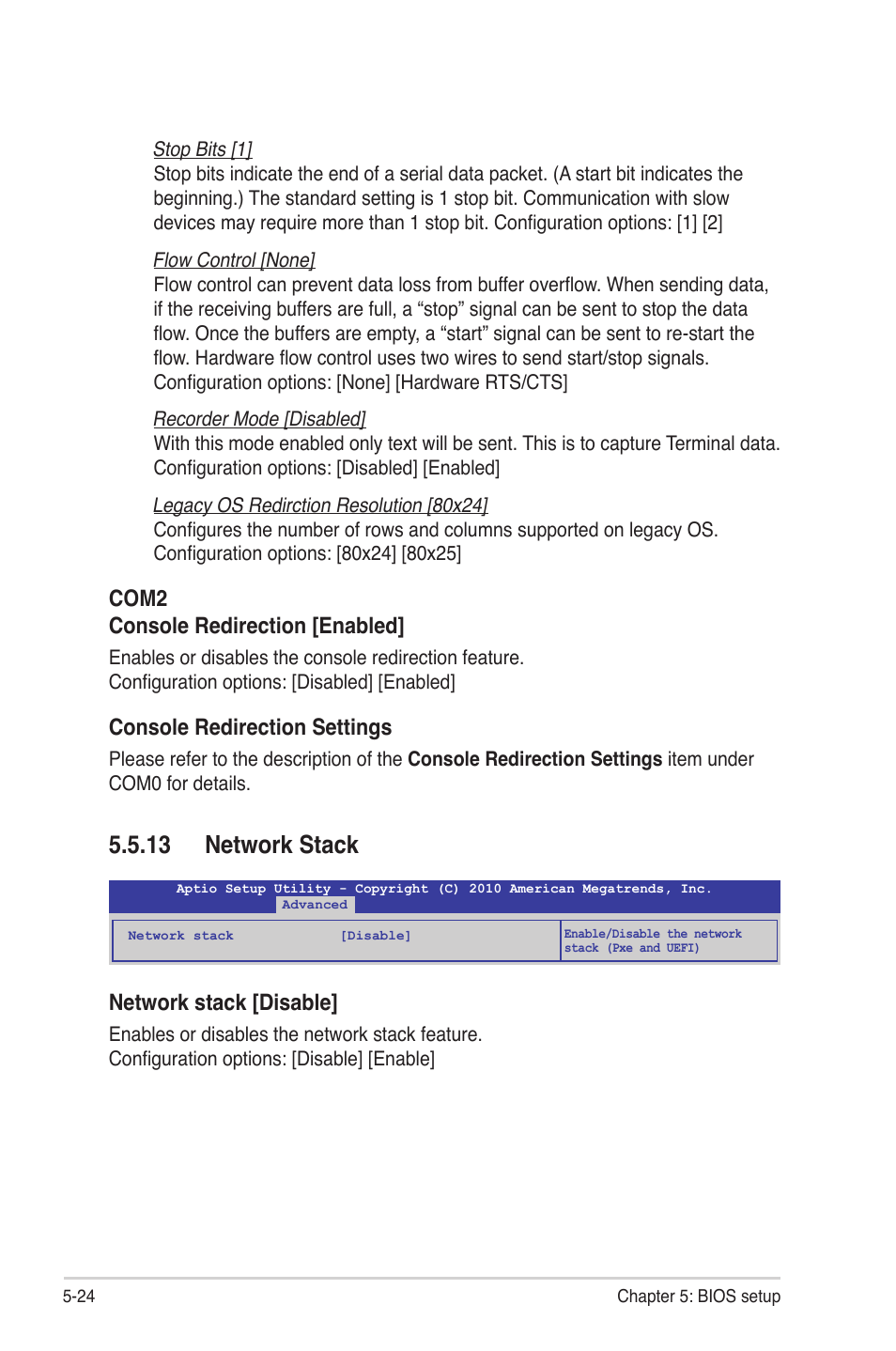 13 network stack, 13 network stack -24, Network stack [disable | Com2 console redirection [enabled, Console redirection settings | Asus TS300-E7/PS4 User Manual | Page 96 / 160