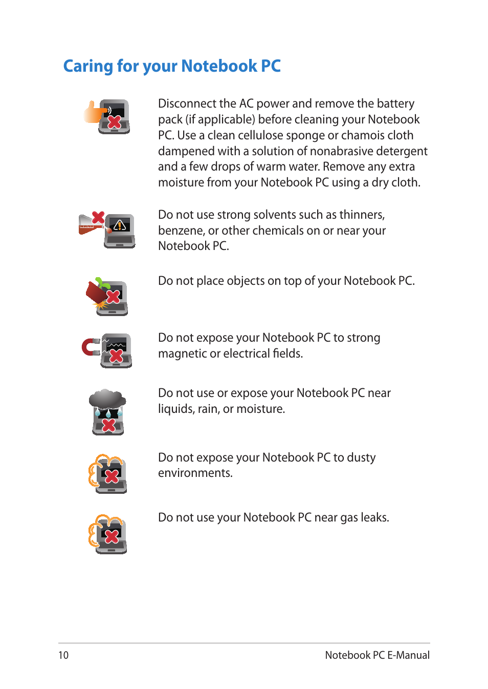 Caring for your notebook pc | Asus Notebook PC (E-Manual) User Manual | Page 10 / 130