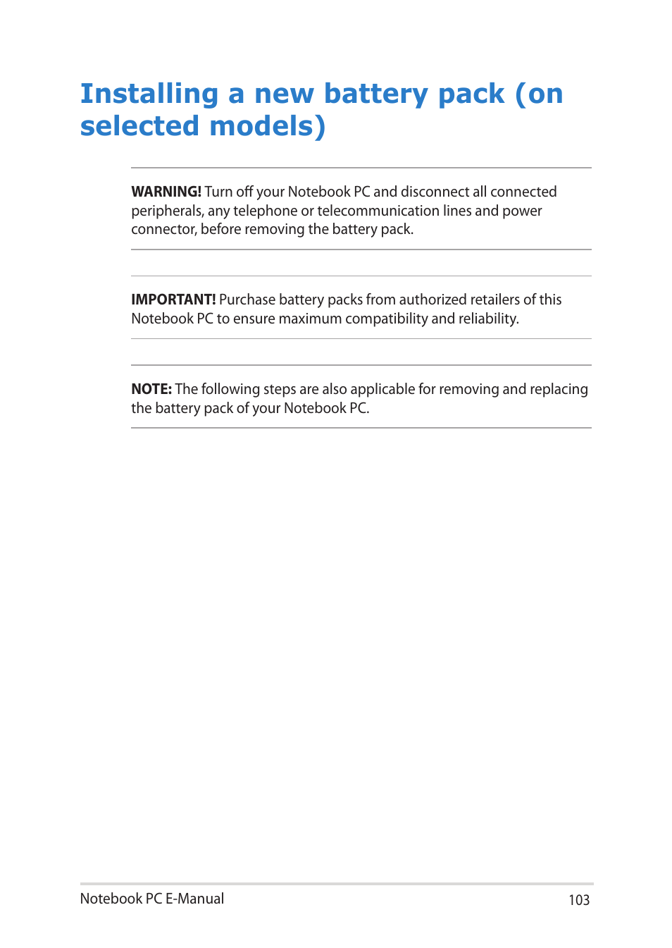 Installing a new battery pack (on selected models) | Asus Notebook PC (E-Manual) User Manual | Page 103 / 130