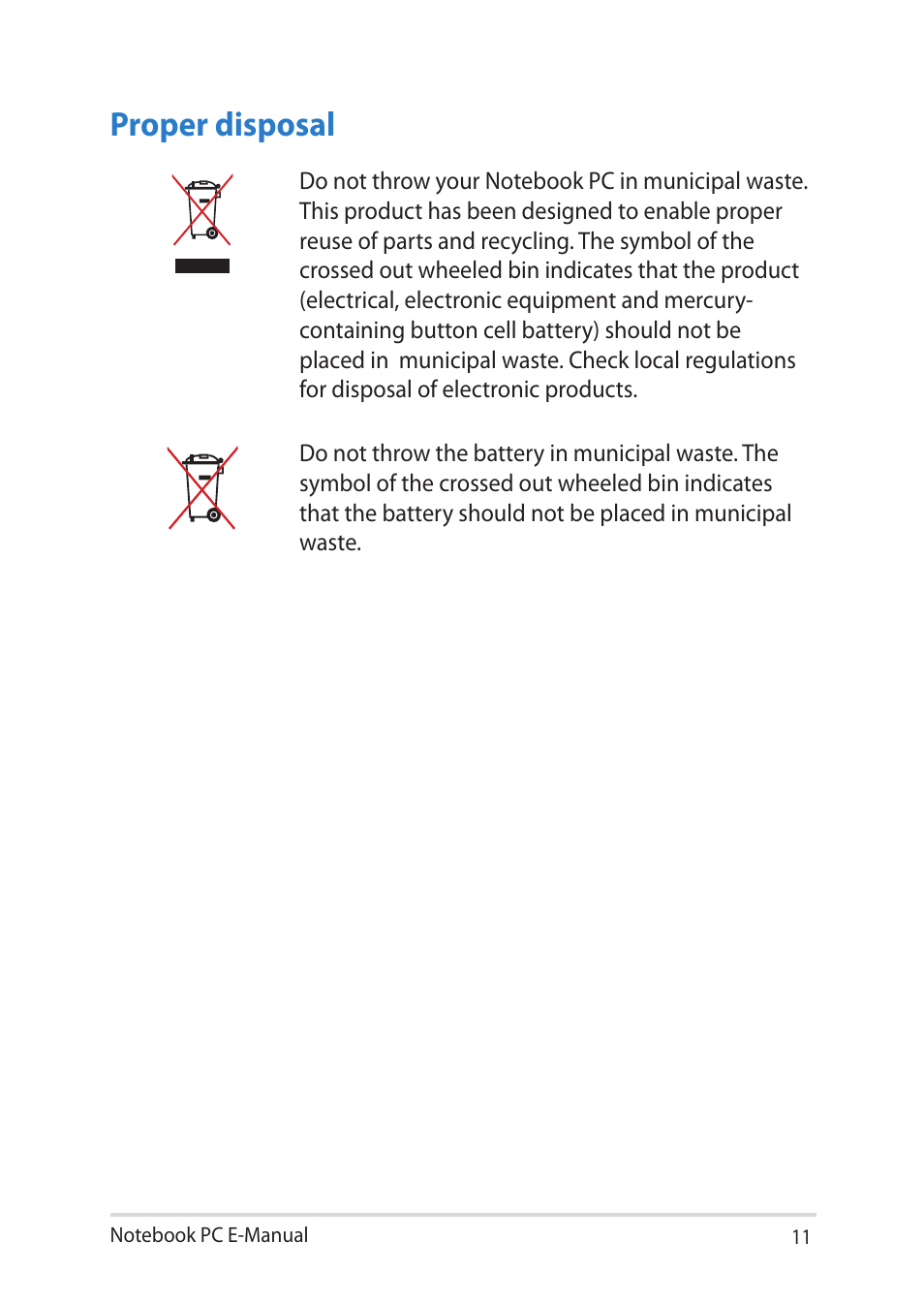 Proper disposal | Asus Notebook PC (E-Manual) User Manual | Page 11 / 130