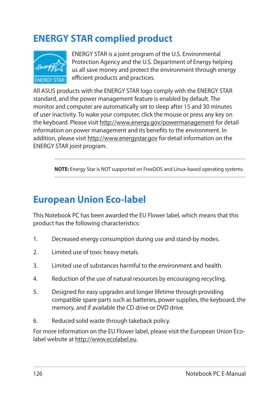 Energy star complied product, European union eco-label | Asus Notebook PC (E-Manual) User Manual | Page 126 / 130