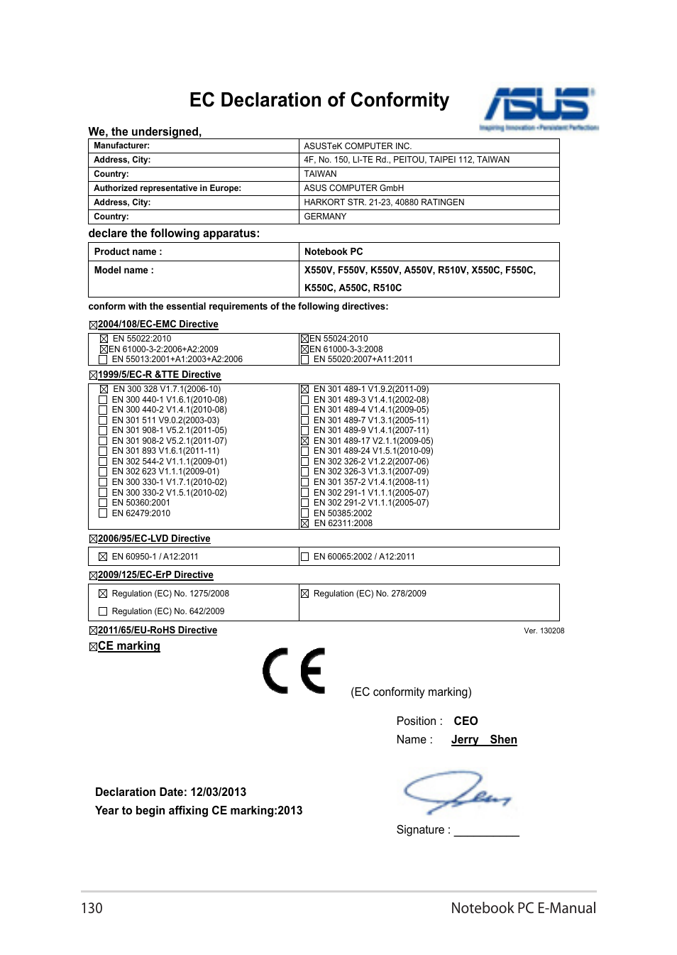 Ec declaration of conformity | Asus Notebook PC (E-Manual) User Manual | Page 130 / 130