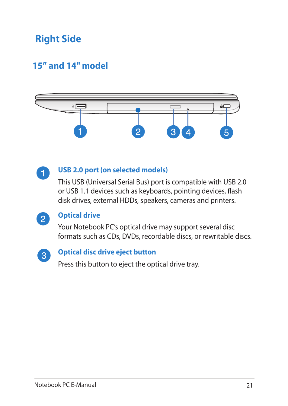 Right side, 15” and 14" model | Asus Notebook PC (E-Manual) User Manual | Page 21 / 130