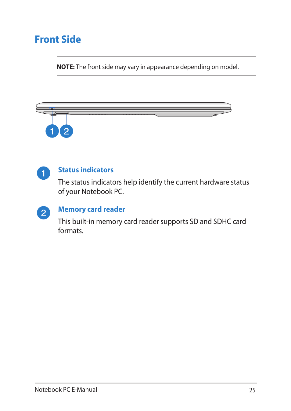 Front side | Asus Notebook PC (E-Manual) User Manual | Page 25 / 130