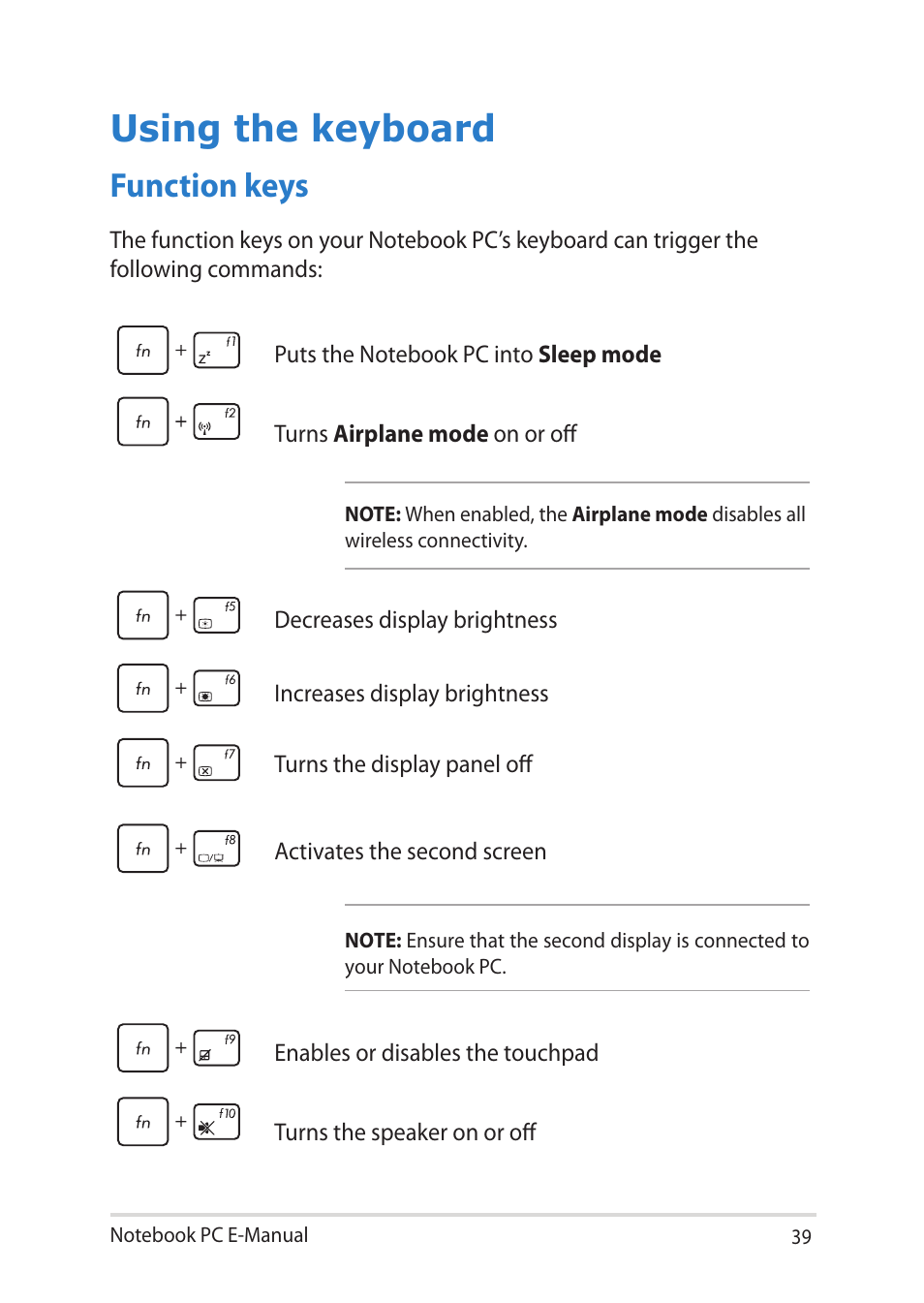 Using the keyboard, Function keys | Asus Notebook PC (E-Manual) User Manual | Page 39 / 130